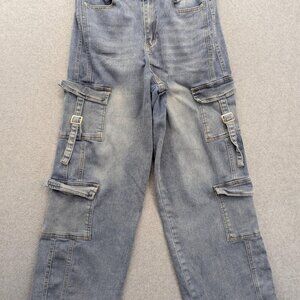 Red Bottoms Jeans Womens 14 Blue Cargo Denim Buckle Strap Wide Leg Baggy Y2K